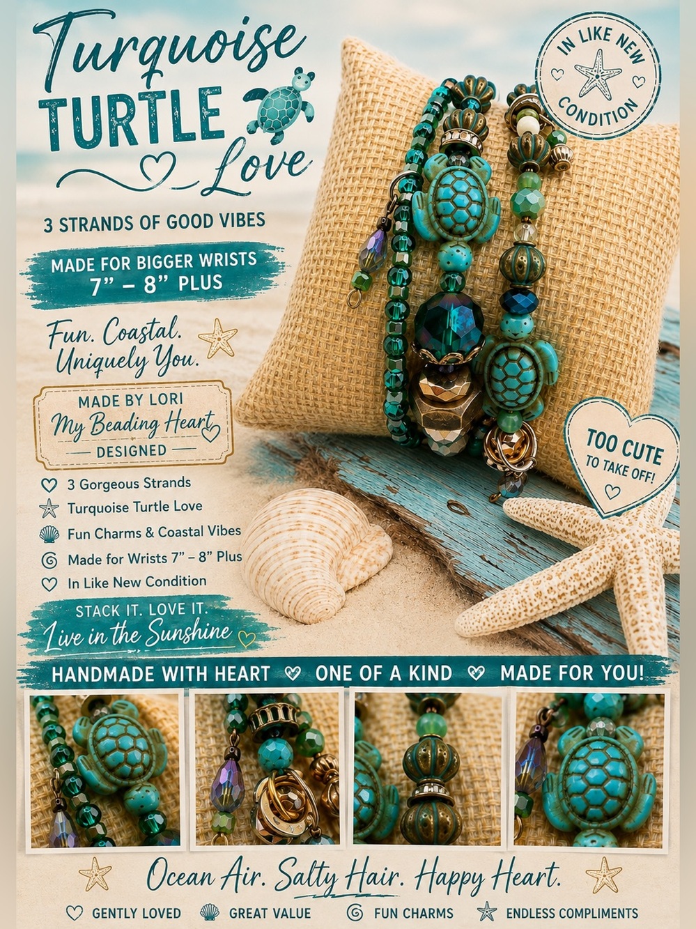 Turquoise Turtle 🐢 Love Beaded 3 Strands Bracelet for Bigger Wrists 💋